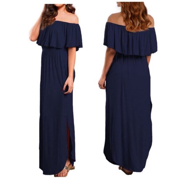 VERABENDI Off Shoulder Ruffle Split Hem Maxi Dress - Medium - Picture 14 of 14